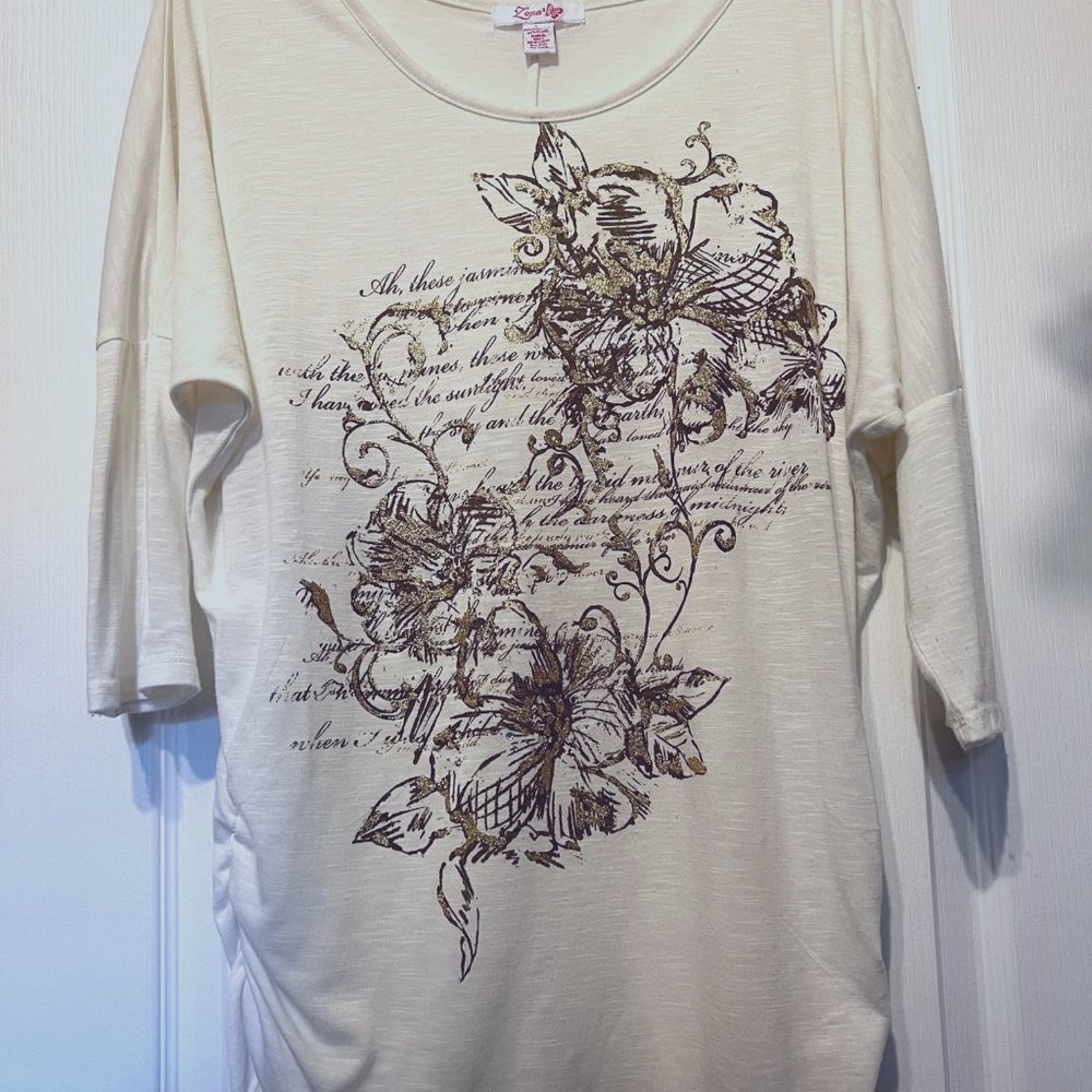 Lena-Women's 3/4" sleeve-Jasmine Flower in Gold and Diamonds-Large-Elastic sides